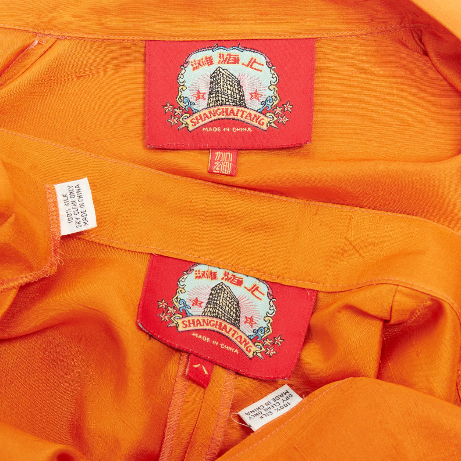 SHANGHAI TANG orange raw silk hidden placket long sleeve shirt trousers set XS