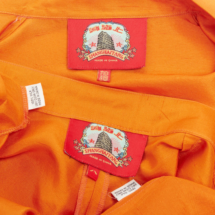 SHANGHAI TANG orange raw silk hidden placket long sleeve shirt trousers set XS