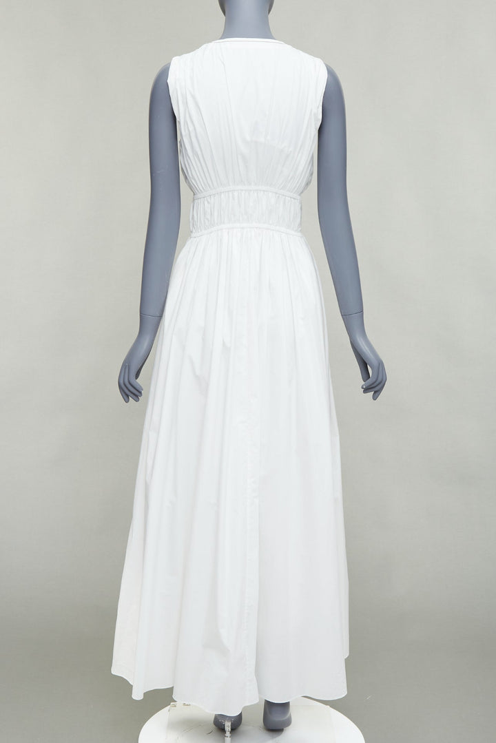 BRUNELLO CUCINELLI white cotton ruched sleeveless plunge maxi dress XS
