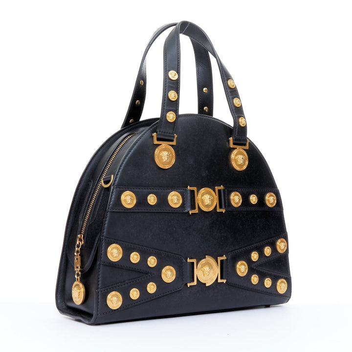VERSACE 2018 Runway Tribute Medallion bondage black leather bowling bag