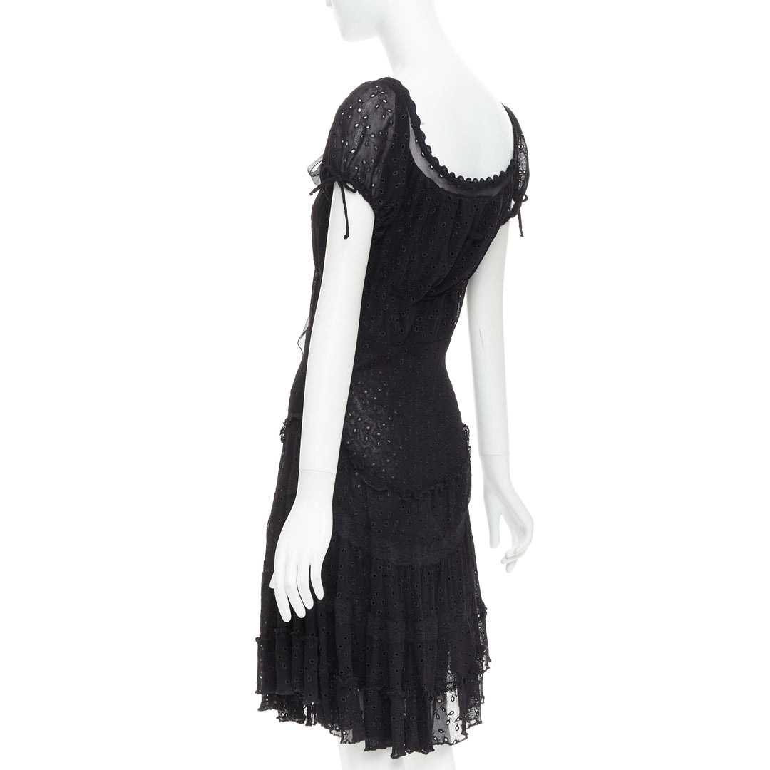 JEAN PAUL GAULTIER MAILLE FEMME Vintage black eyelet ruffle self tie dress M