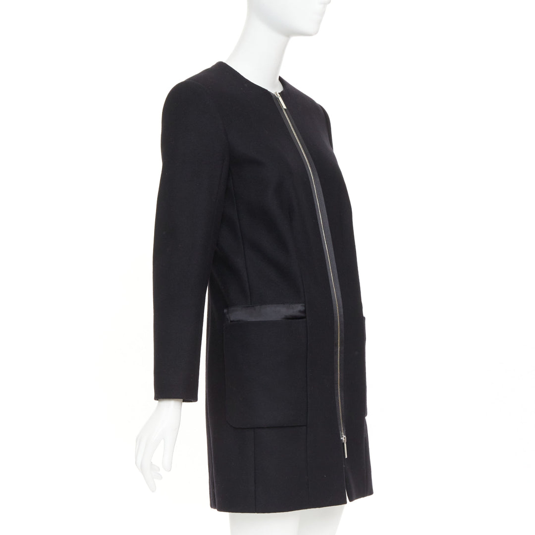 THE ROW black virgin wool blend collarless zip long coat US2 S