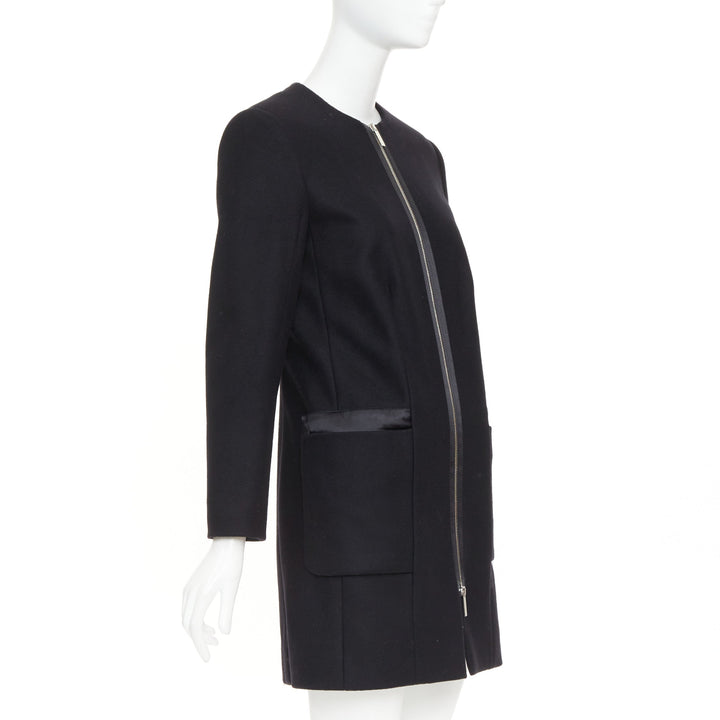THE ROW black virgin wool blend collarless zip long coat US2 S