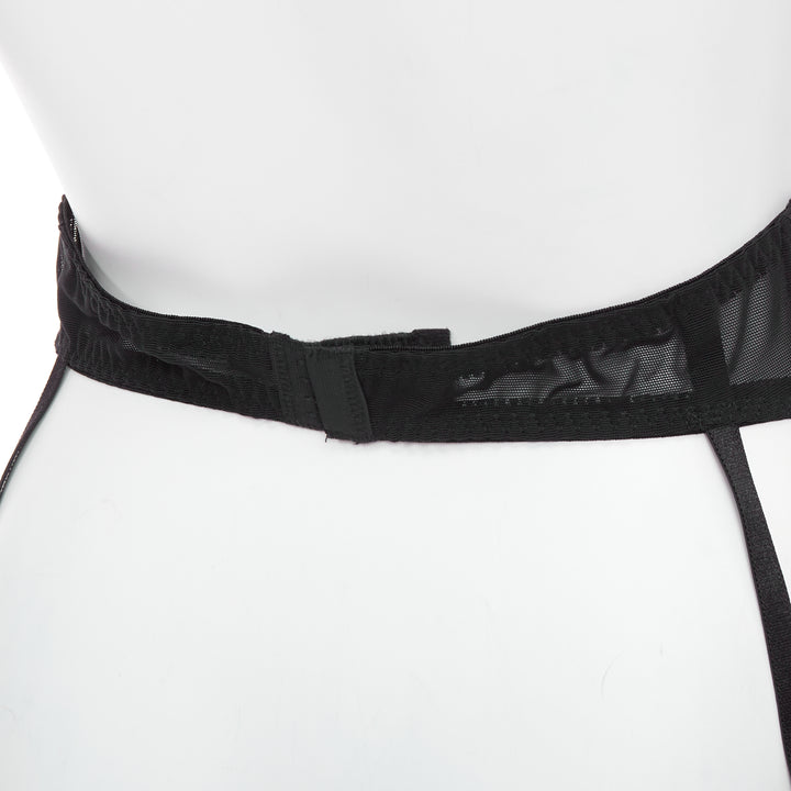 MYLA black intricate lace bow nude mesh garter belt