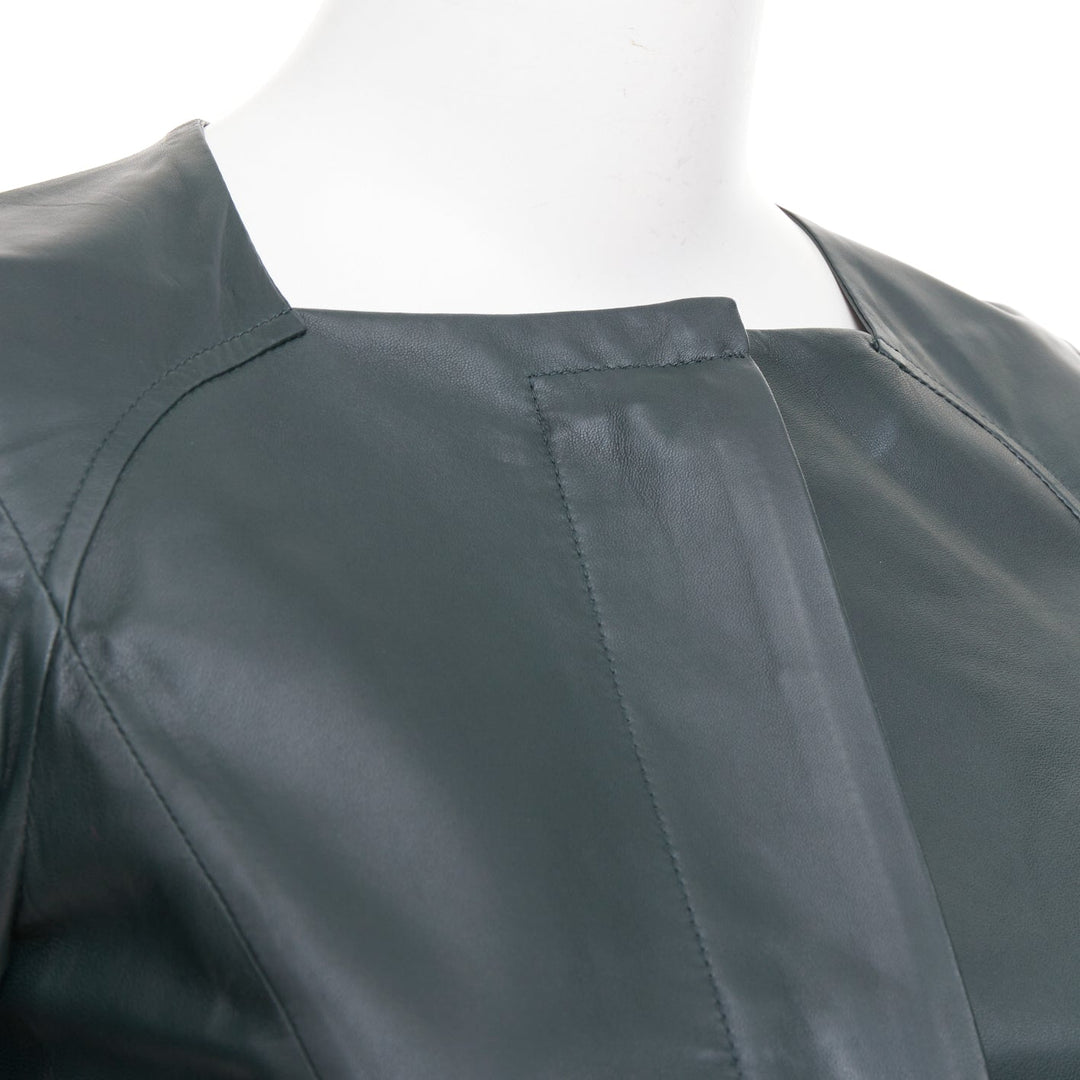 MARNI dark green nappa lamb leather panelled ruffled peplum jacket IT38 XS