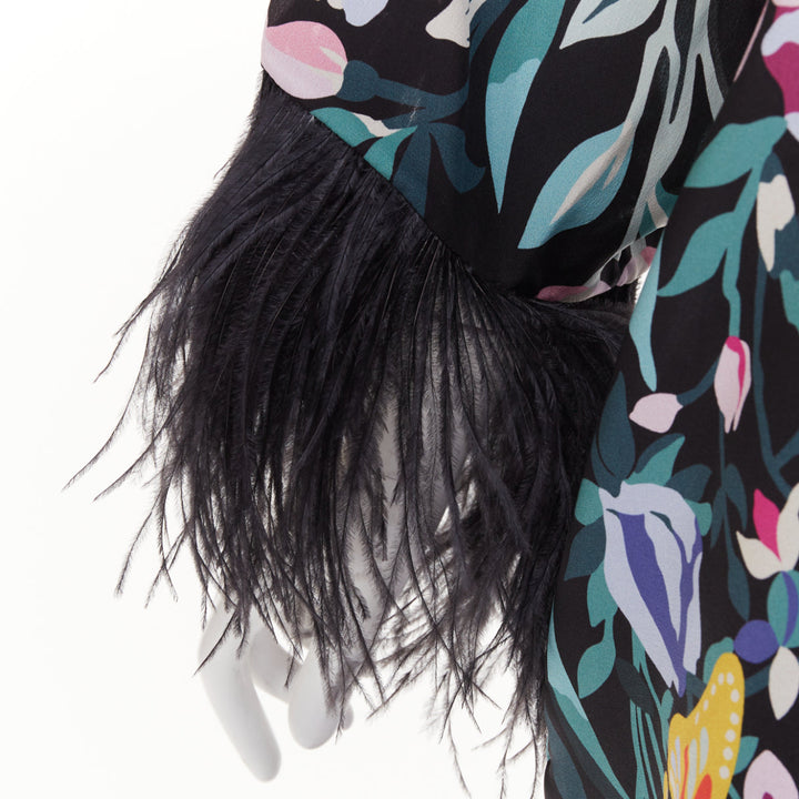 VALENTINO 2021 Runway black floral butterflies feather cuff maxi dress IT40 S