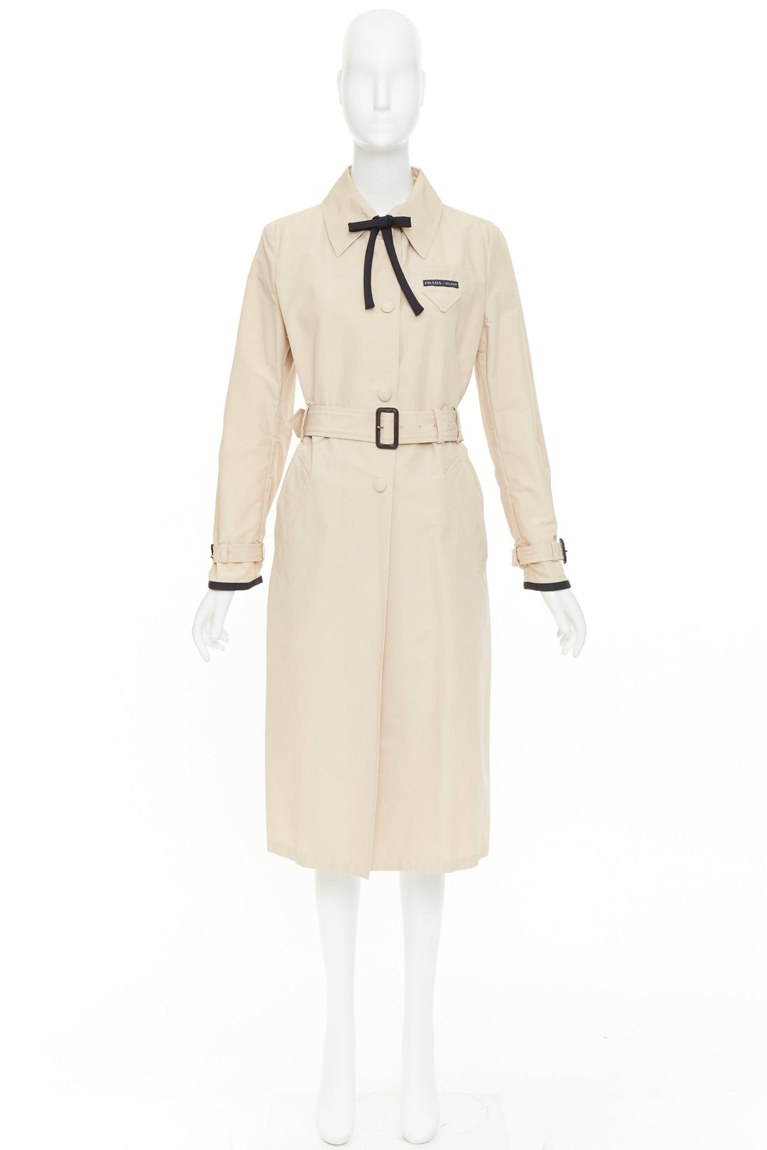 PRADA 2019 beige cotton black bow tie logo tape belted trench coat IT42 M