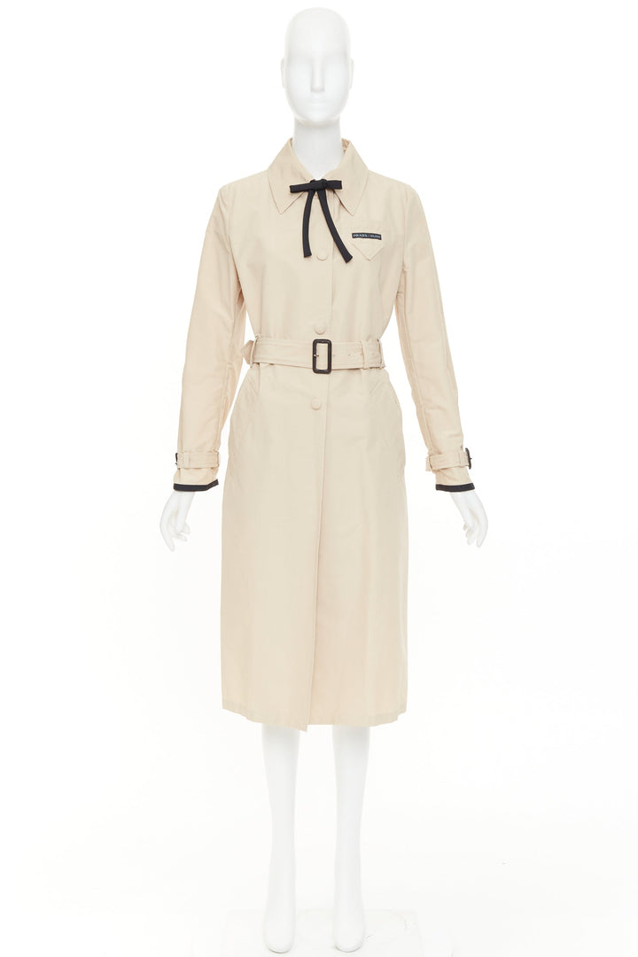 PRADA 2019 beige cotton black bow tie logo tape belted trench coat IT42 M