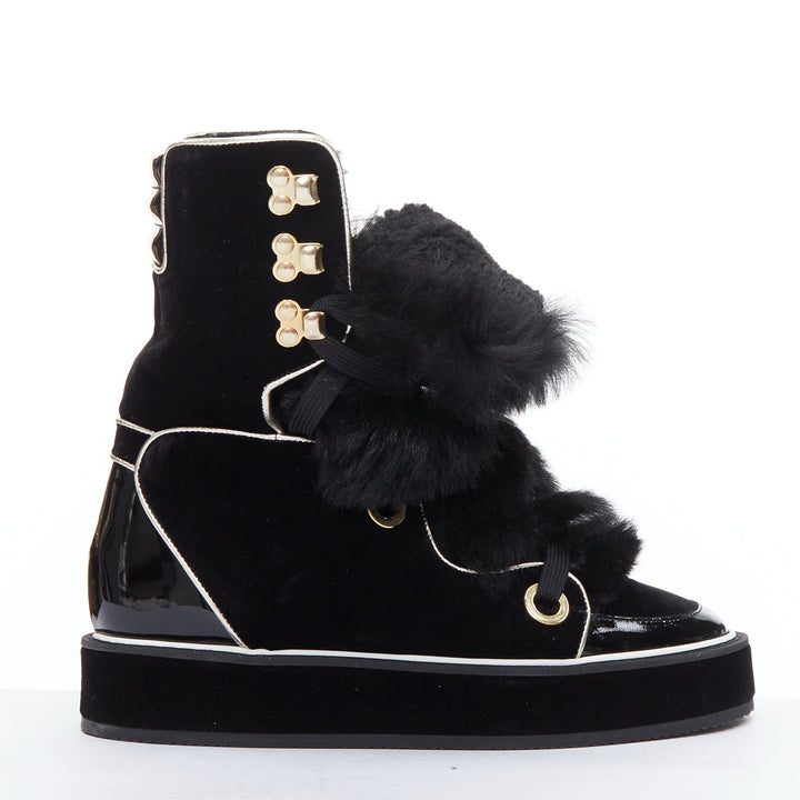 NICHOLAS KIRKWOOD Polly Neige black patent fur trim snow boots