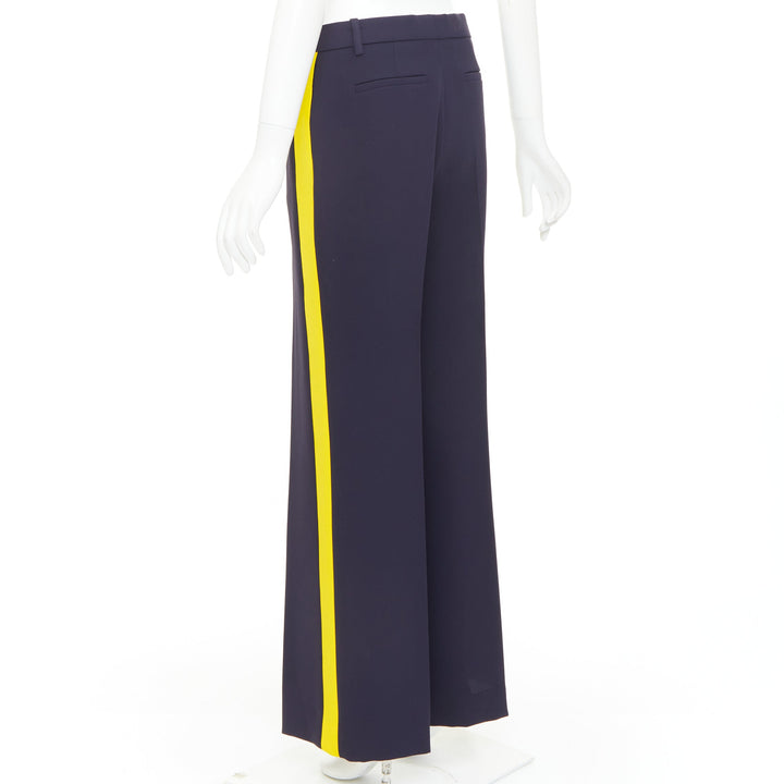 VVB VICTORIA BECKHAM navy yellow silk trimmed high waist wide trousers UK8 S