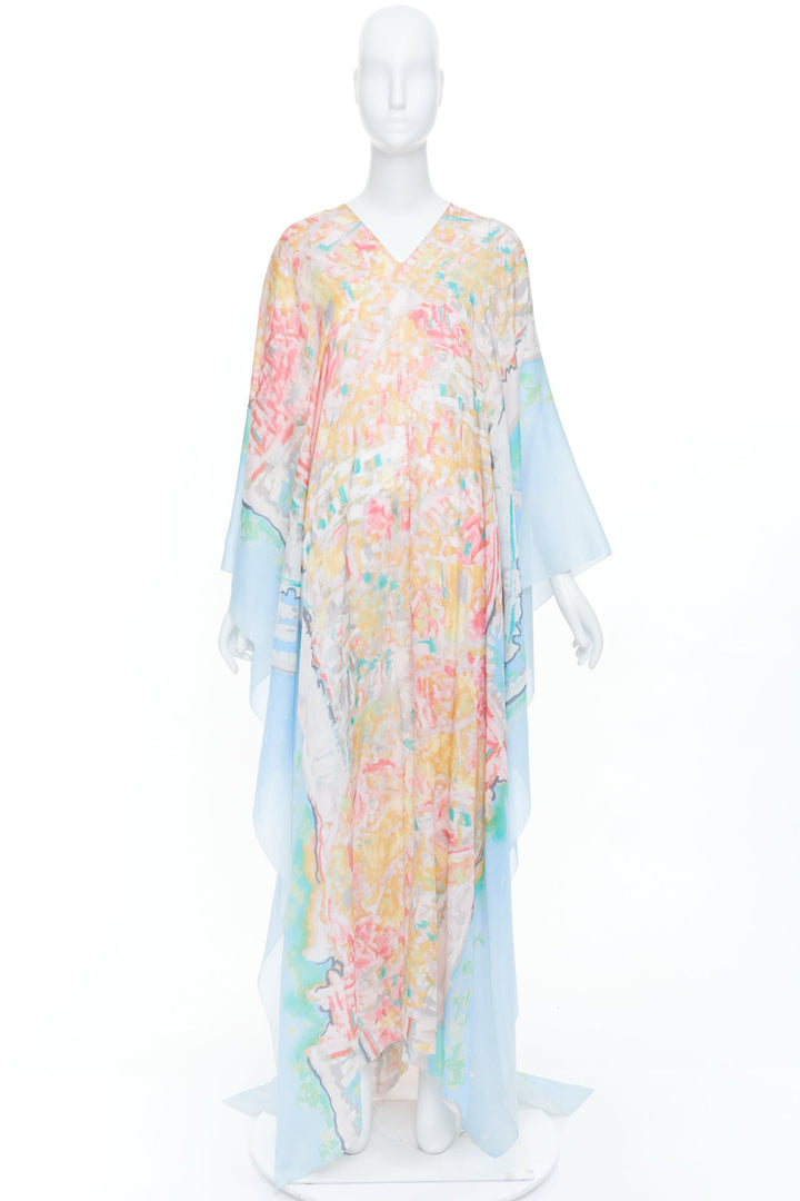 CHANEL 2011 Runway abstract watercolor silk cotton mix caftan maxi dress OS