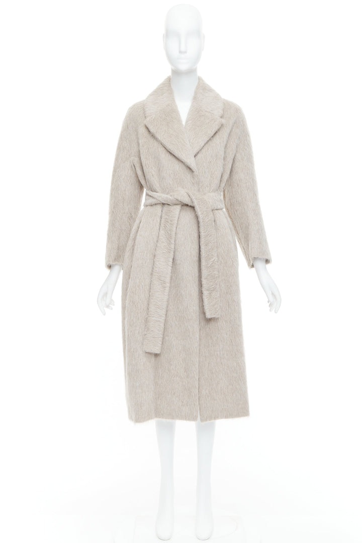 MAX MARA S grey alpaca virgin wool spread collar belted long coat IT38 XS