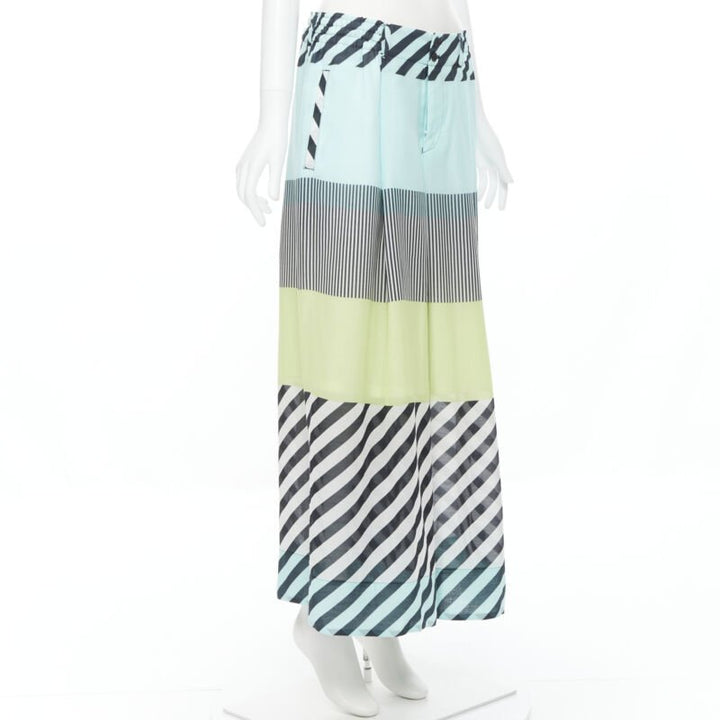 ISSEY MIYAKE blue green stripe colorblocked polyester wide leg summer pants L
