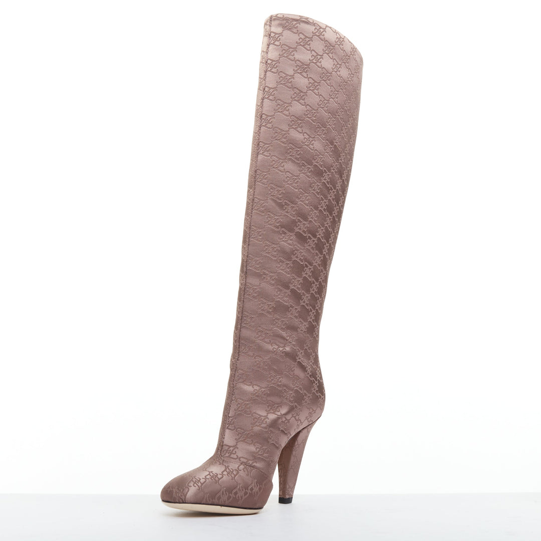 FENDI FF Karligraphy brown satin monogram knee high boots EU35