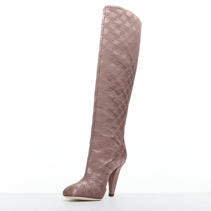 FENDI FF Karligraphy brown satin monogram knee high boots EU35