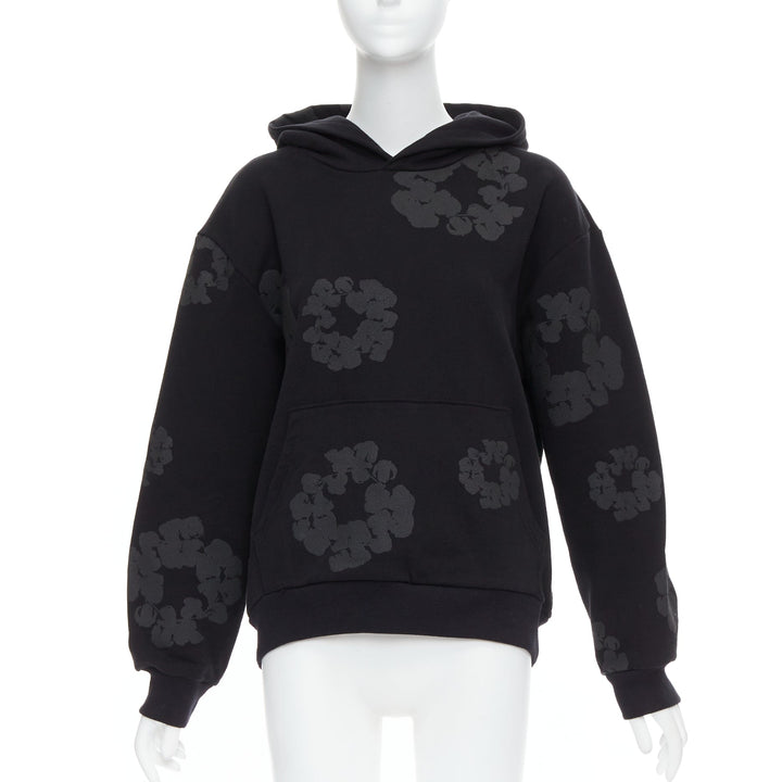 DENIM TEARS Wreath black cotton textured floral hoodie S