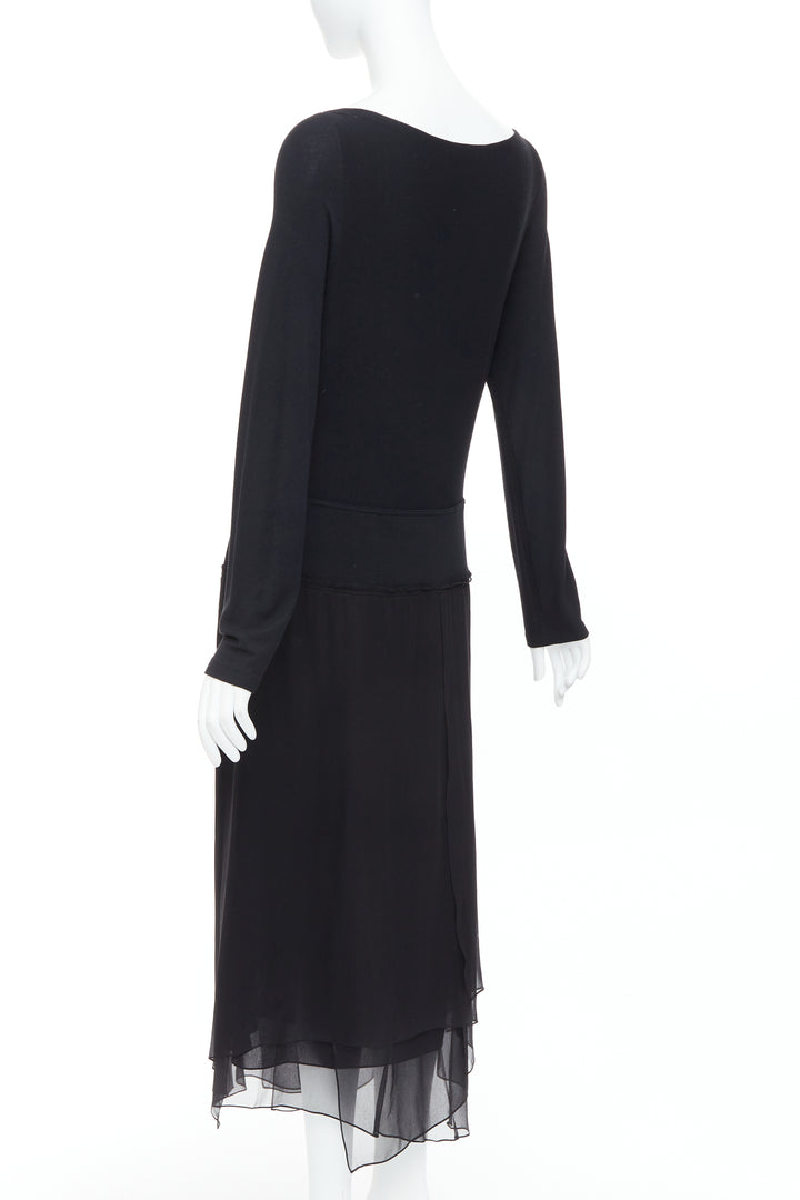 DONNA KARAN Vintage black silk trimmed viscose wool boxy midi dress L