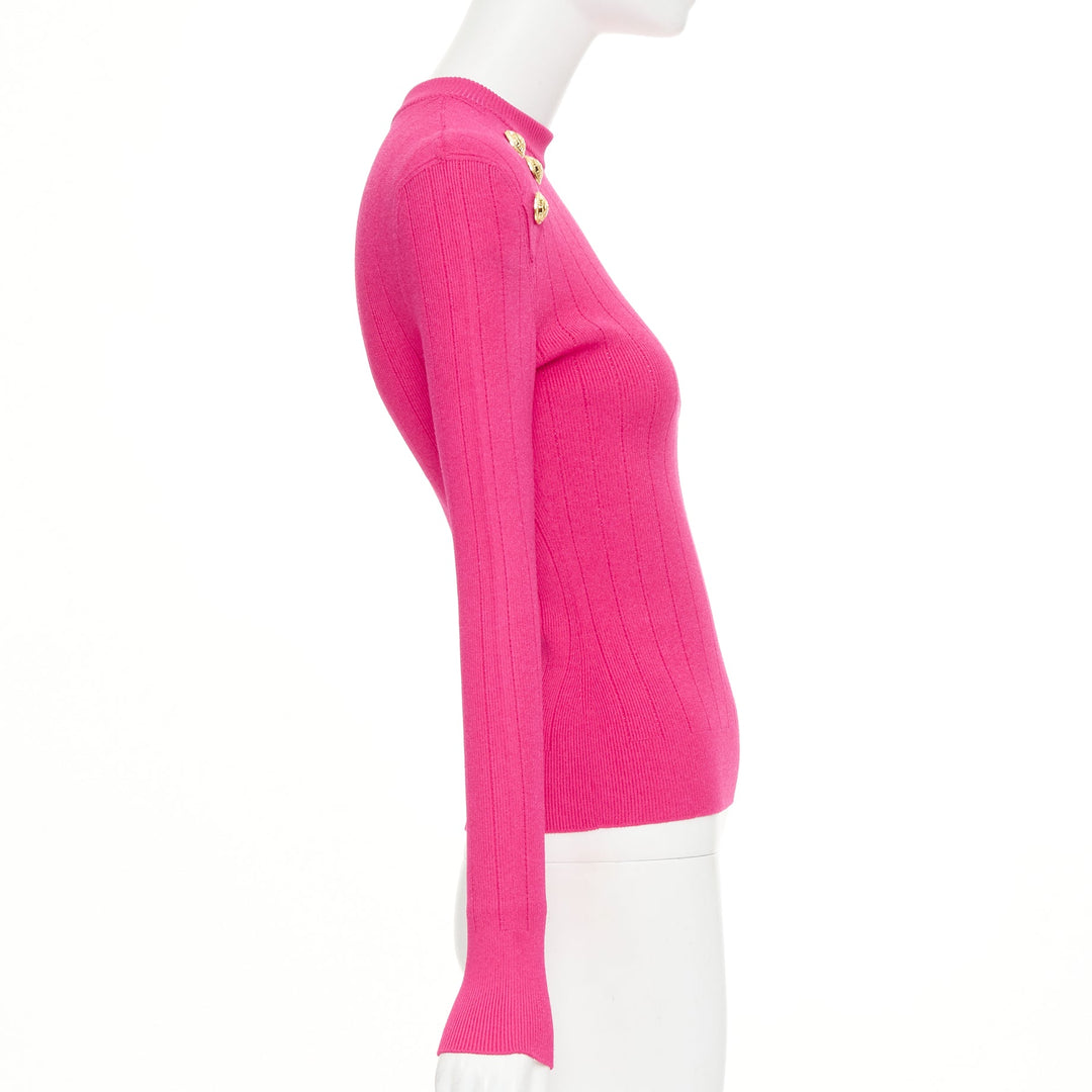 BALMAIN 2022 hot fuschia pink viscose gold buttons ribbed crew sweater FR36 S