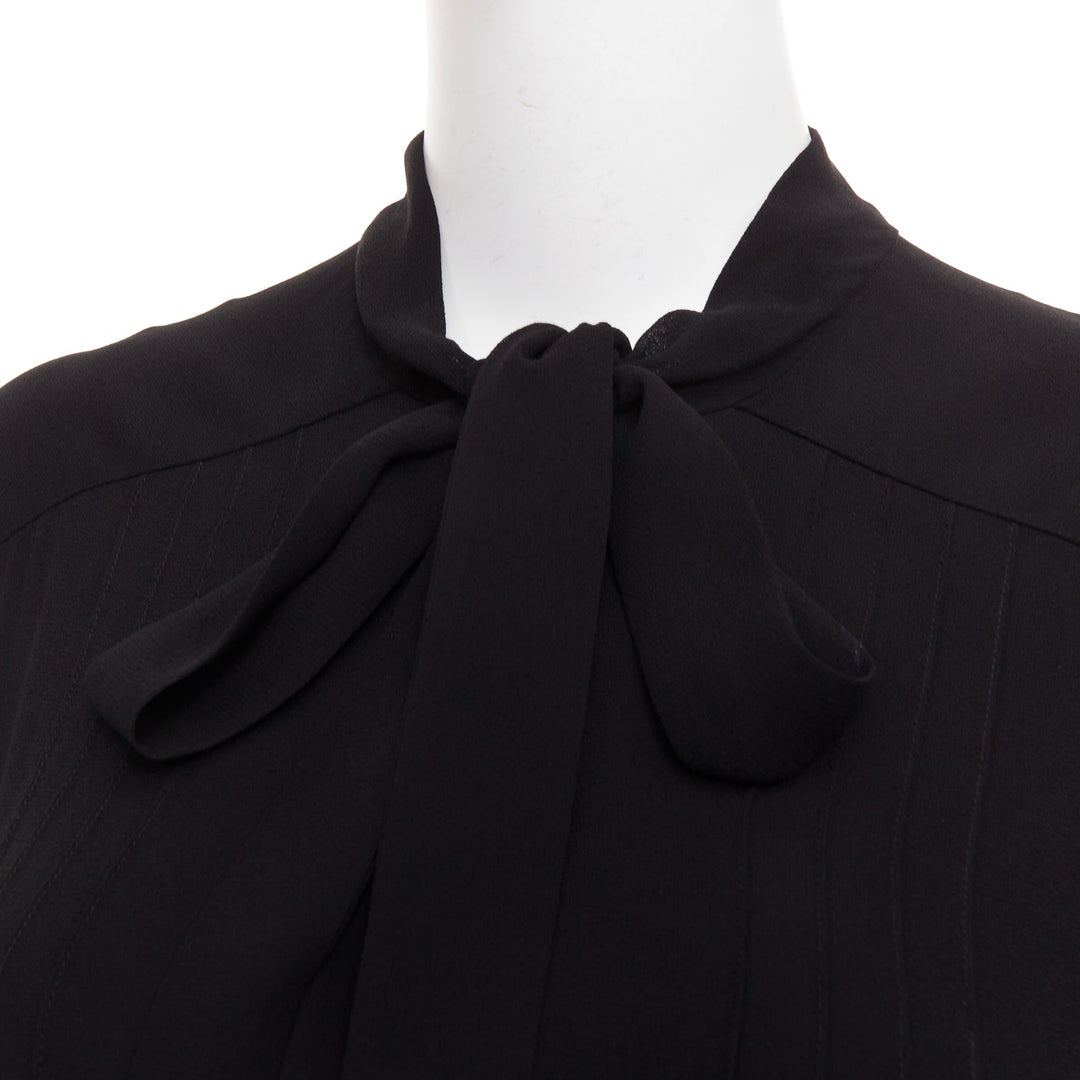 SAINT LAURENT 2013 black acetate blend pussybow pleated mini dress FR36 S