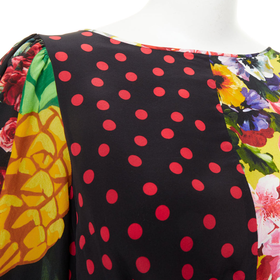 DOLCE GABBANA 2021 Runway patchwork floral pineapple polka dot silk top IT38 XS