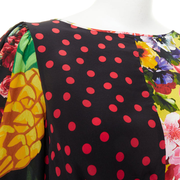 DOLCE GABBANA 2021 Runway patchwork floral pineapple polka dot silk top IT38 XS