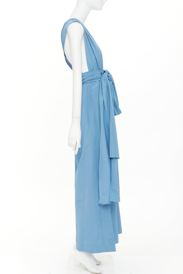 OSCAR DE LA RENTA S20 Runway sky blue moire faille sash tie jumpsuit US0 XS