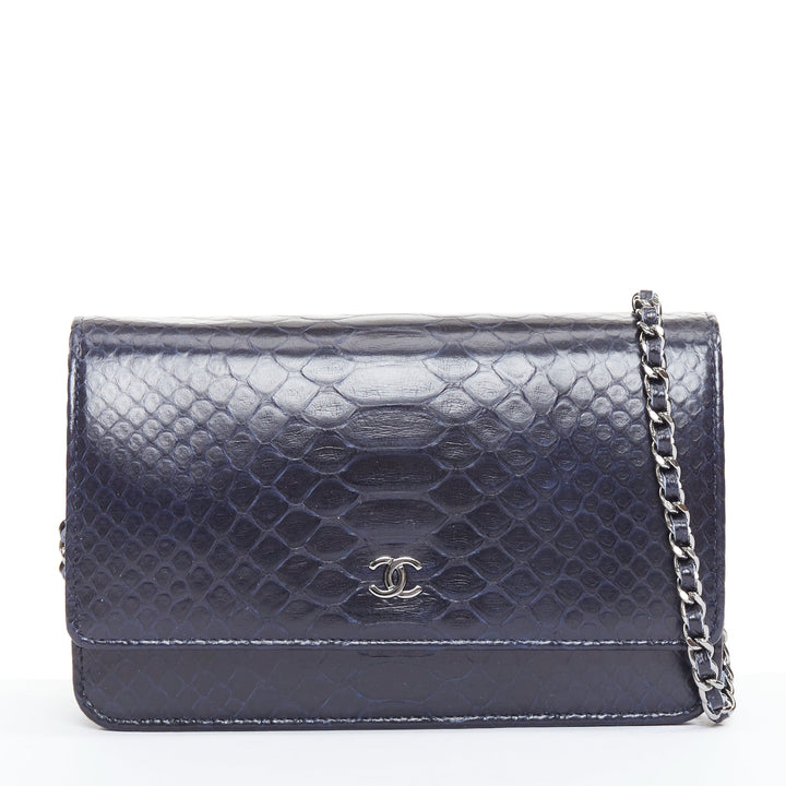 CHANEL Timeless Classic Flap Wallet on Chain navy scaled leather crossbody bag