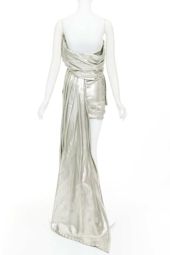 rare ALEXANDRE VAUTHIER COUTURE AW2019 Runway turquoise lame drape shoulder gown