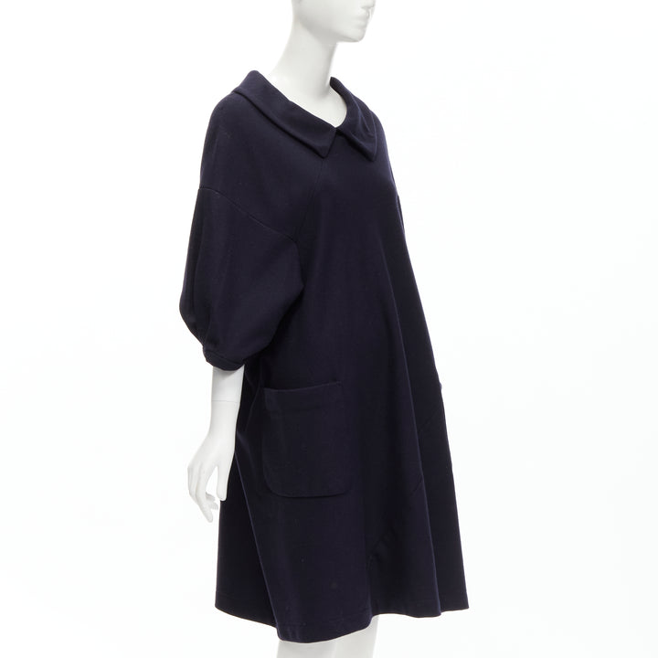 Female mannequin wearing Comme Des Garcons by Rei Kawakubo 2013 Navy Wool Women Casual Dress in Size  S | Available at JHROP