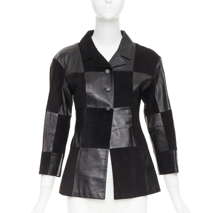 CHANEL Vintage black leather suede checkered patchwork CC blazer jacket