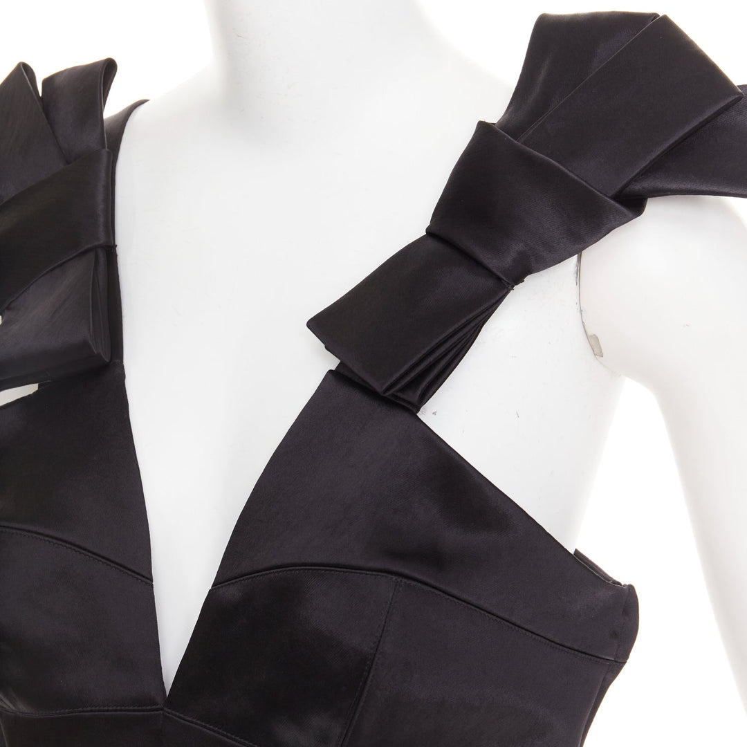 JIL SANDER black shiny satin bow detail V-neck sleeveless midi dress FR38 M