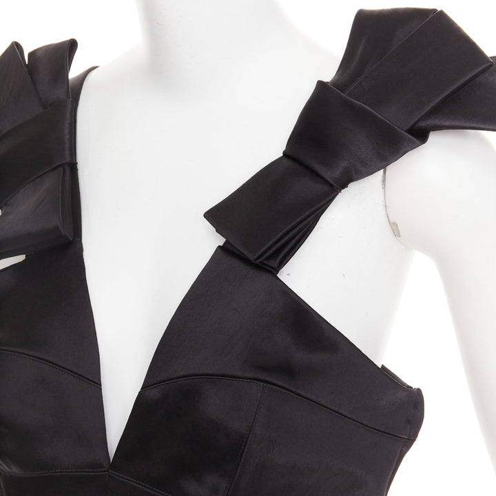 JIL SANDER black shiny satin bow detail V-neck sleeveless midi dress FR38 M