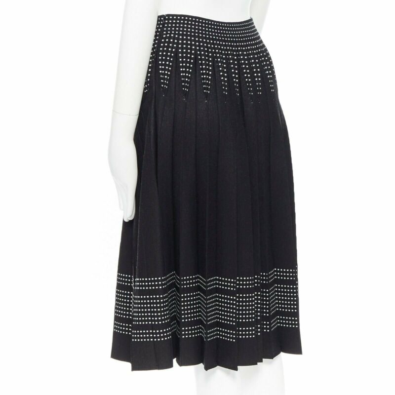 ALEXANDER MCQUEEN black white dot jacquard knit pleated flare midi skirt IT42 M