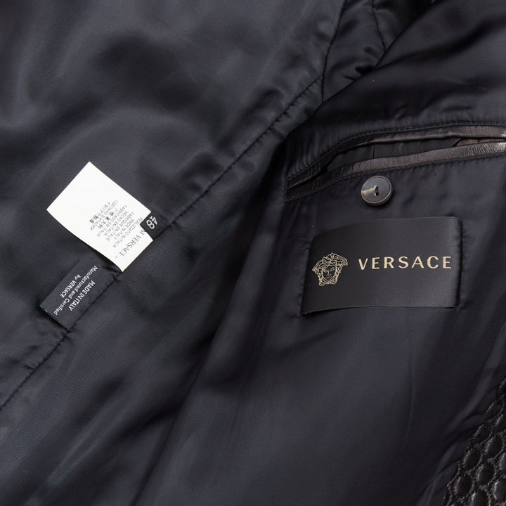VERSACE black leather bubble textured shawl collar double breasted coat IT48 M