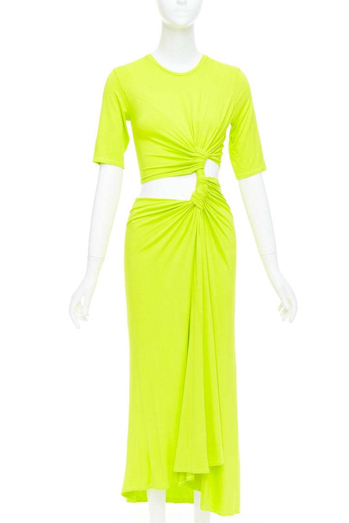 SID NEIGUM neon yellow stretch satin twist cut out draped dress XS