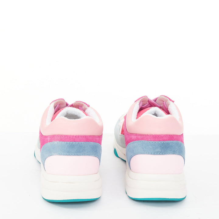 CHANEL 2018 pink blue suede fabric CC logo low top chunky sneakers EU38.5