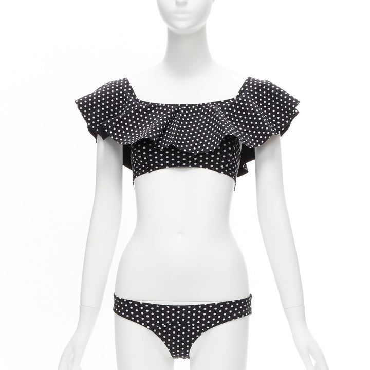 LISA MARIE FERNANDEZ black white polka dot ruffle off shoulder 2pc bikini Sz.1 S