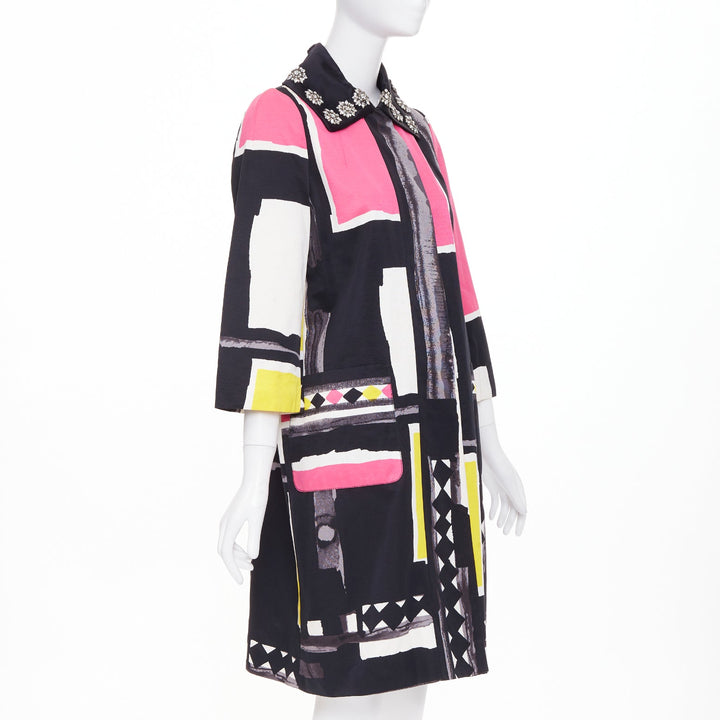 KENZO Defile vintage pink yellow black abstract crystal collar coat FR42 XL