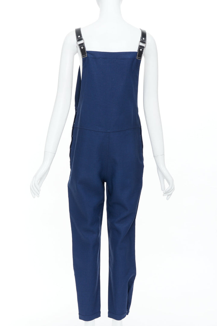 BURBERRY 2020 blue virgin wool ramie leather strap overalls dungaree UK6 XS
