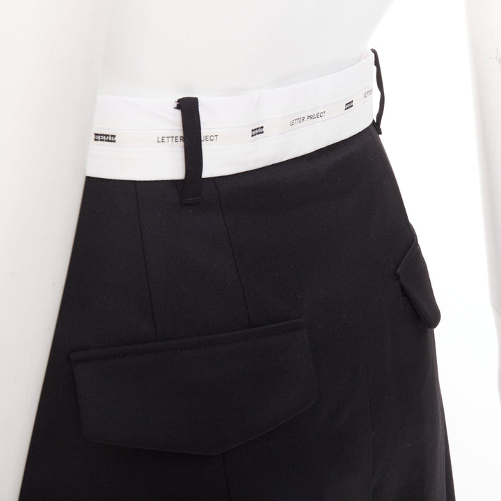 EENK LETTER X black white wool blend logo waist box pleat knee skirt XS