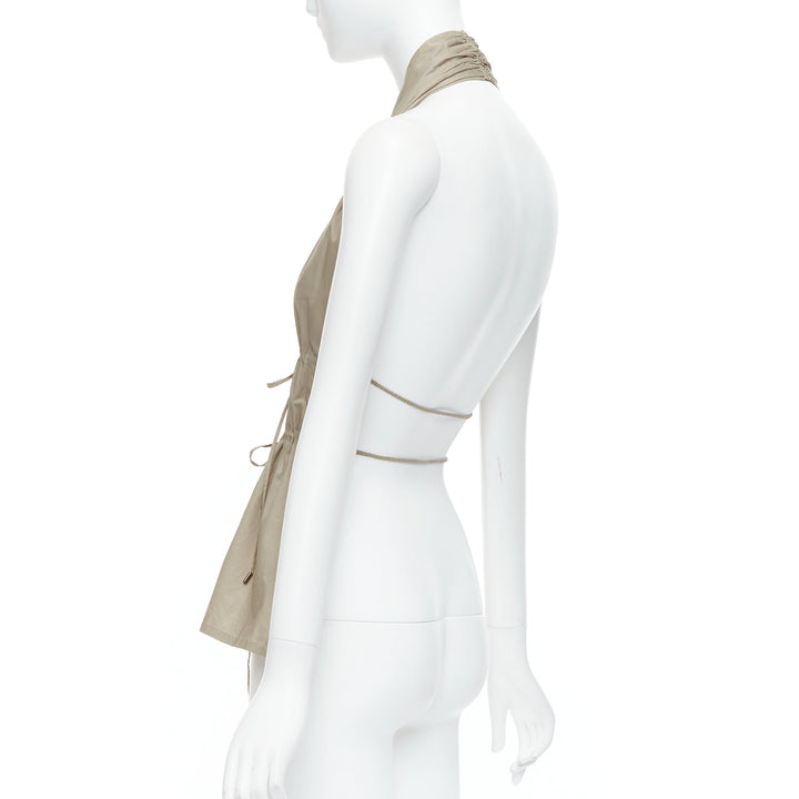 vintage JEAN PAUL GAULTIER khaki cotton halter backless gathered tie top IT38 XS