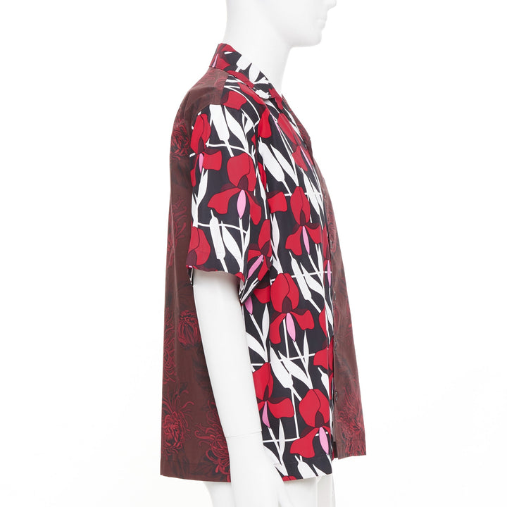 PRADA 2021 Runway Double Match red iris burgundy floral split bowling shirt L