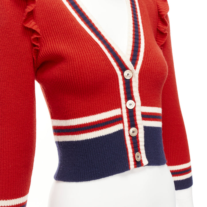 GUCCI 100% wool red navy ruffle trim ribbed hem cropped cardigan XS