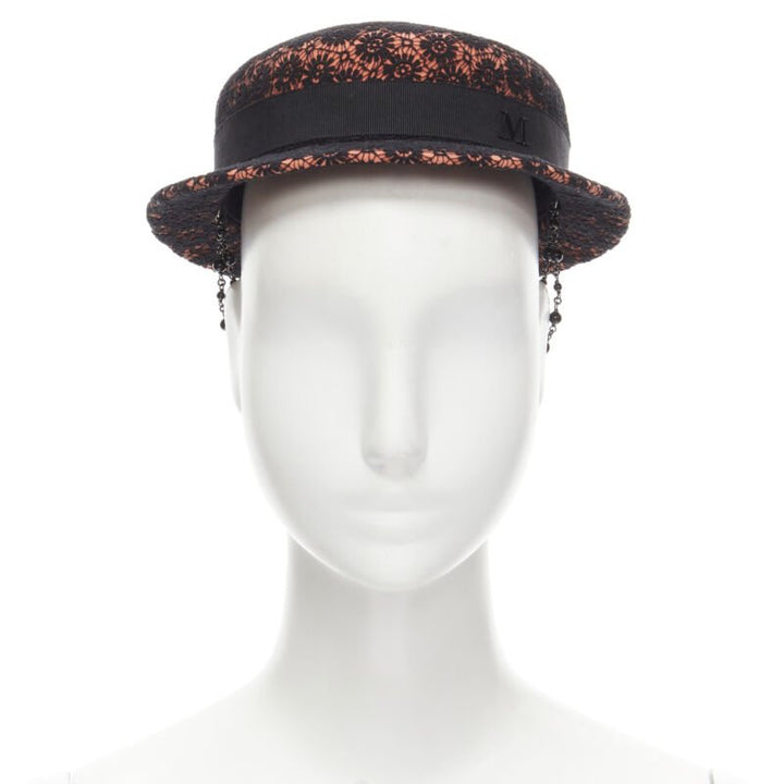 MAISON MICHEL black floral lace orange felt black pearl chain fedora hat 52cm