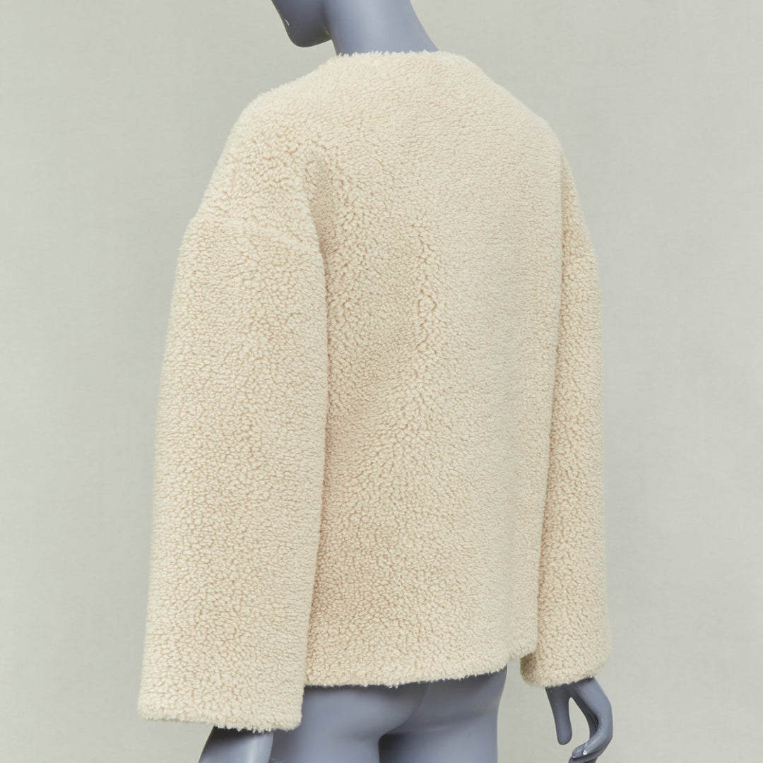 CELINE Teddy ecru cashmere silk brown calfskin leather trim buckled coat FR34 XS