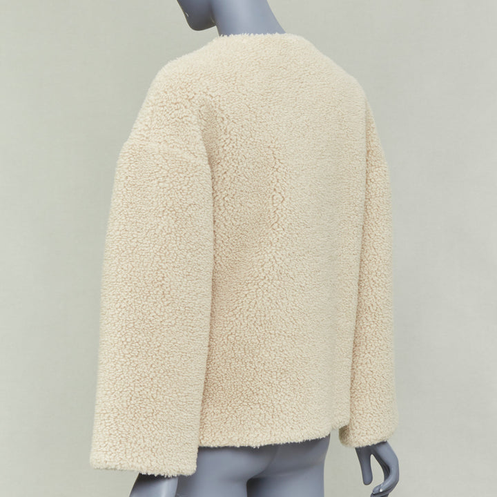 CELINE Teddy ecru cashmere silk brown calfskin leather trim buckled coat FR34 XS