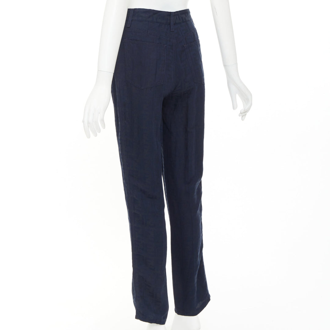 FENDI JEANS 1990s Vintage navy grey FF Zucca Monogram jacquard straight jean 29"
