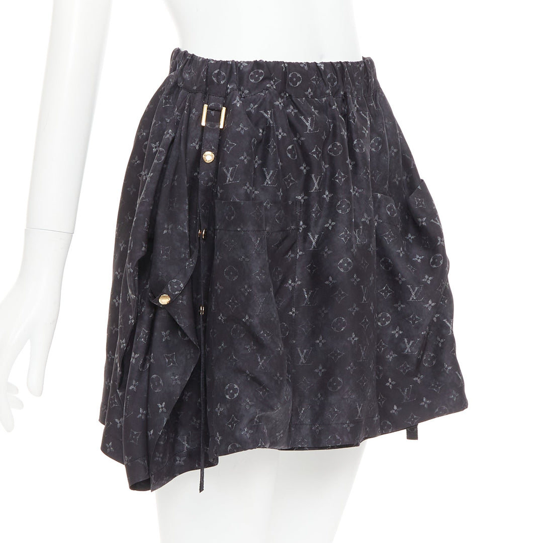 LOUIS VUITTON Monogram Cloud Pocket grey 100% silk flare mini skirt FR34 XS