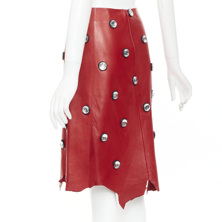 CELINE Phoebe Philo red lambskin leather acrylic stud jagged cut skirt FR34 XS