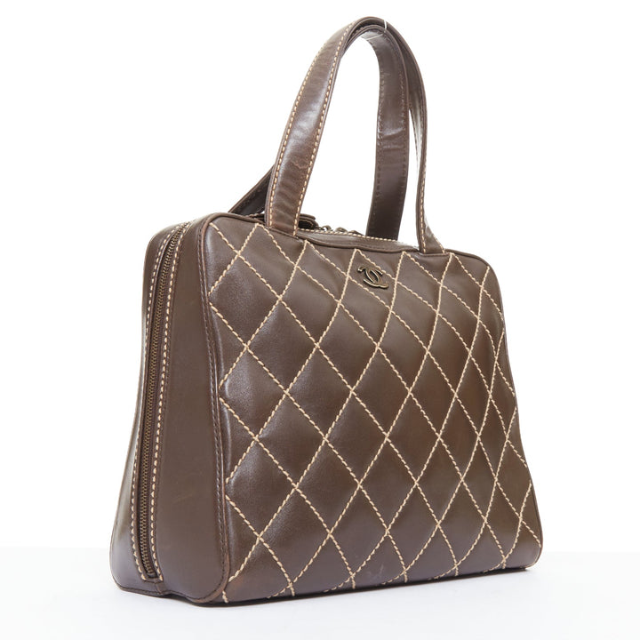 CHANEL Wild Stitch Surpique  brown lambskin leather matelasse bowler bag